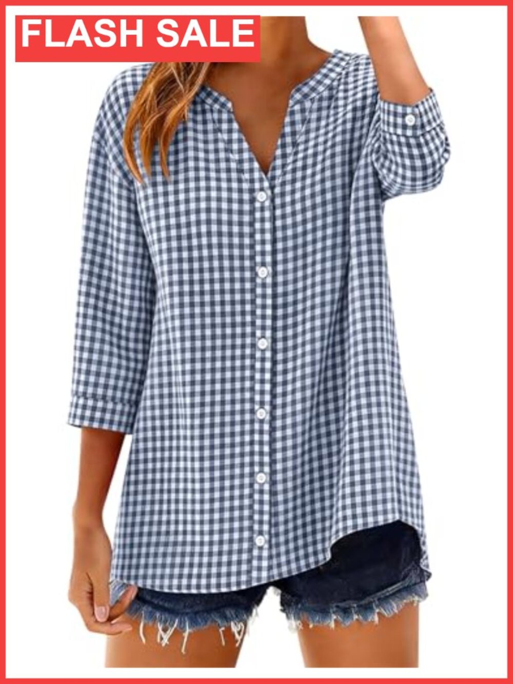 Womens Cotton 3/4 Sleeve Button Down Blouse Gingham Stripe Shirt